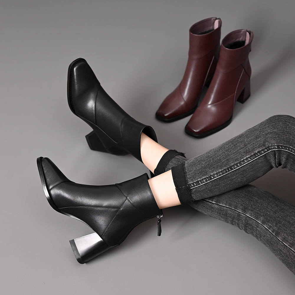 粗跟短靴女2025新款高跟冬季加绒棕色瘦瘦靴英伦风复古马丁靴