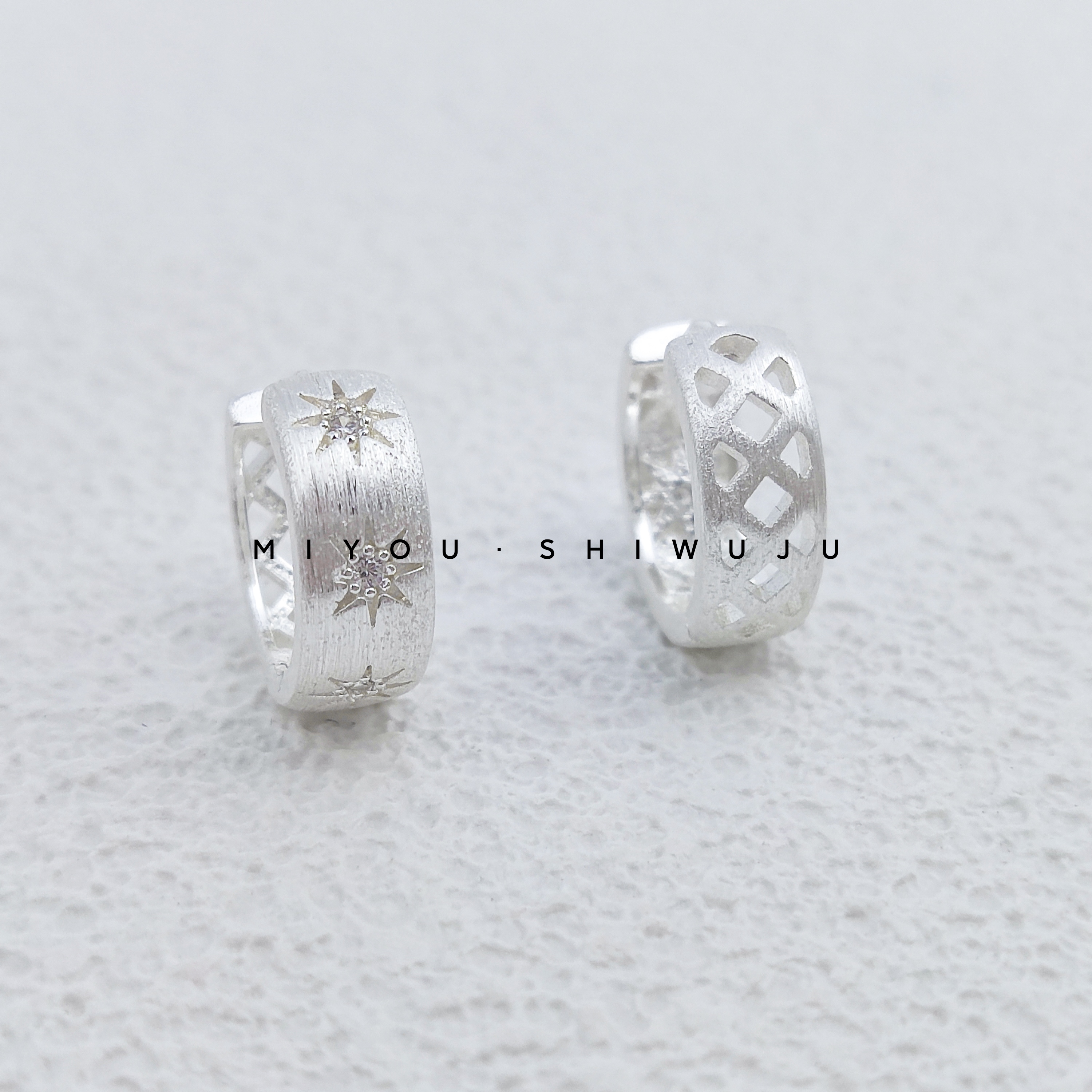 铜合金锆石耳饰 银色八芒星镶钻耳圈拉丝简约小众高级感耳环百搭