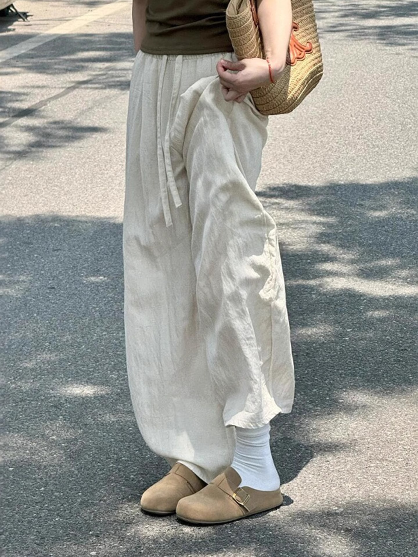 慵懒风亚麻裤女2025新款夏遛弯裤大码胖mm梨形身材显瘦高腰阔腿裤