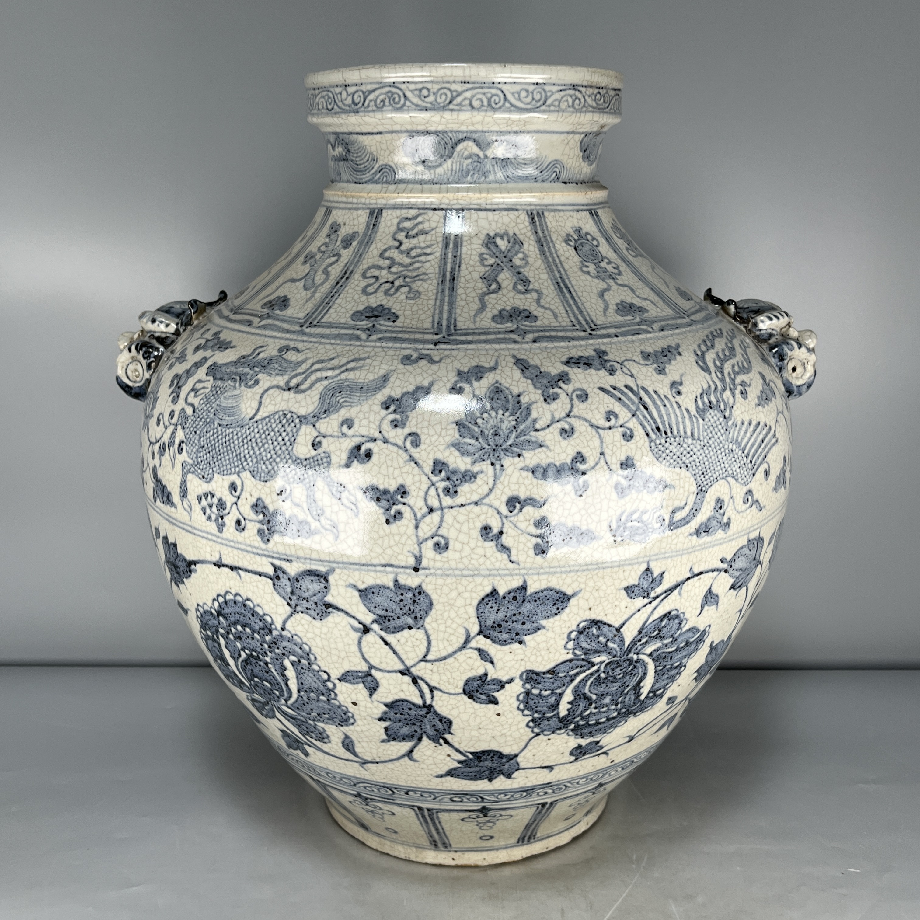 仿古瓷 仿古青花穿枝凤纹兽耳罐