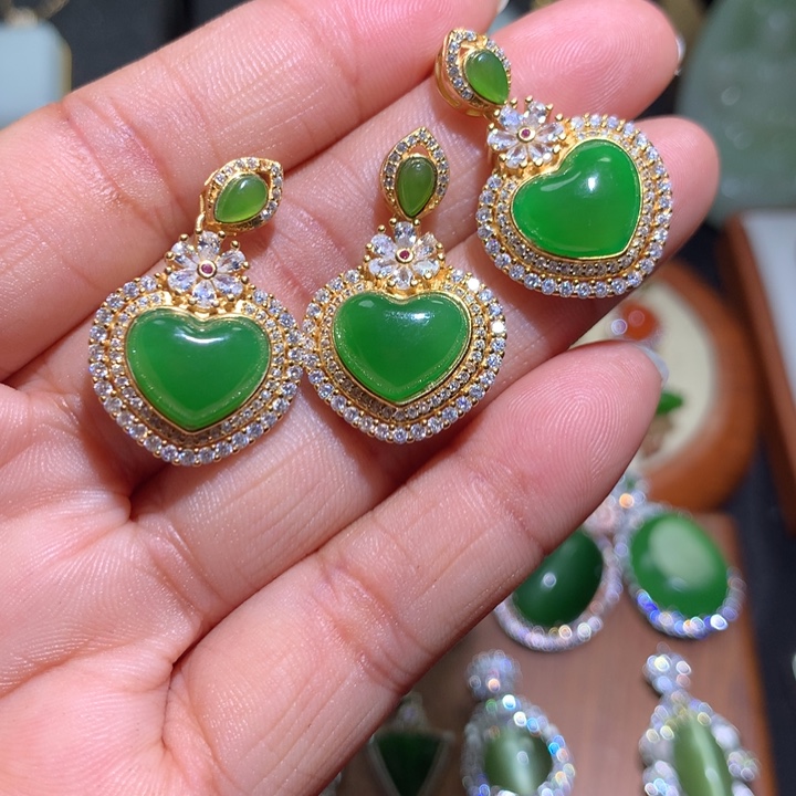 和田玉耳钉戒指银S925镶嵌