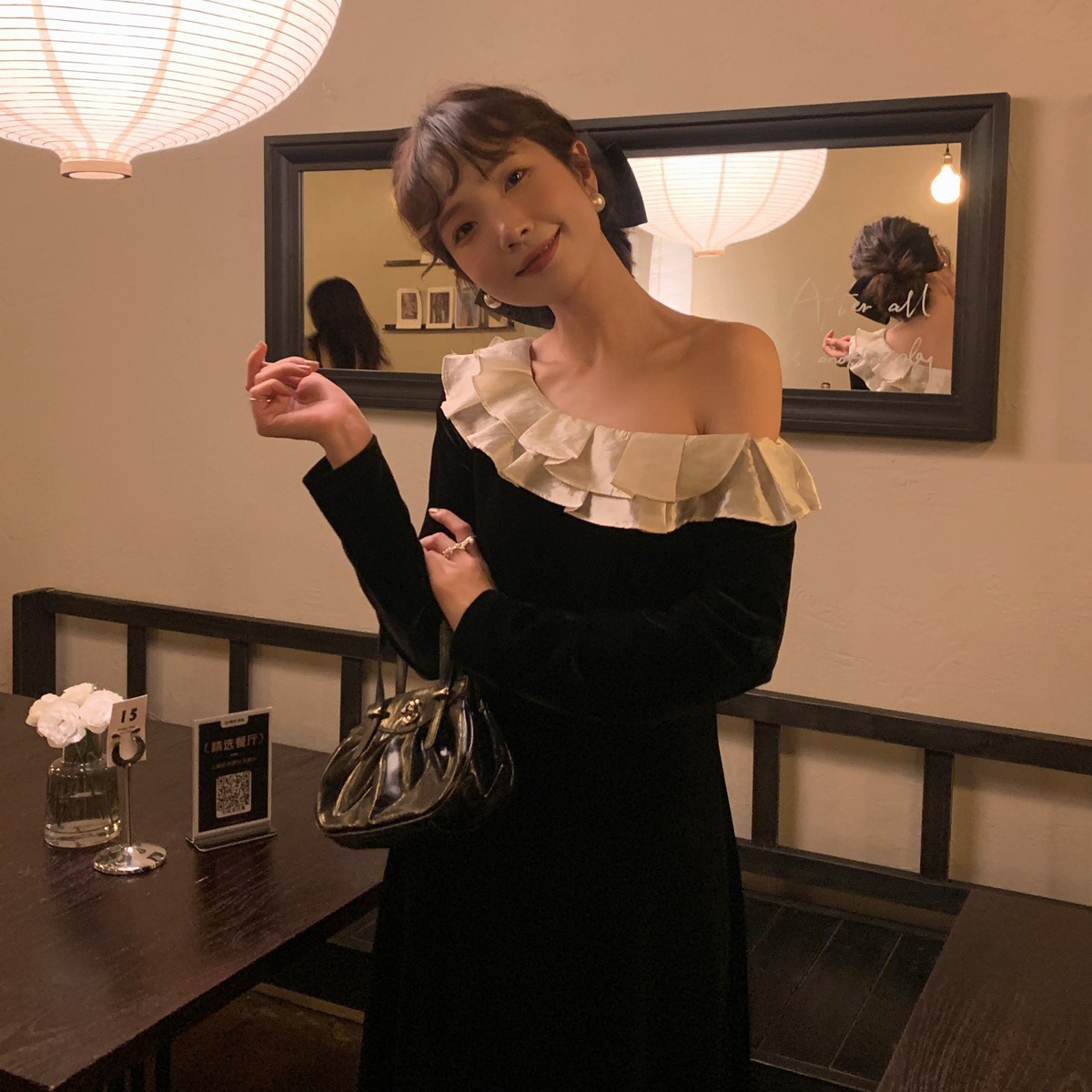 冬名媛法式纯欲礼服荷叶边气质丝绒连衣裙女85135