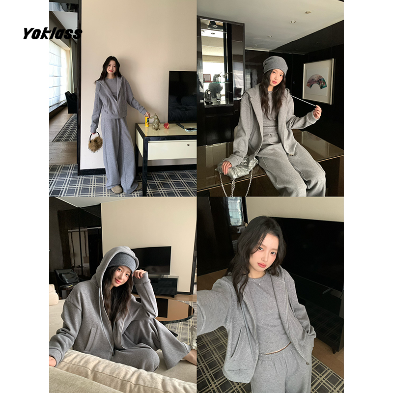 YOKLASS少女家【清清】花灰色卫衣背心休闲裤女套装 S37570S53