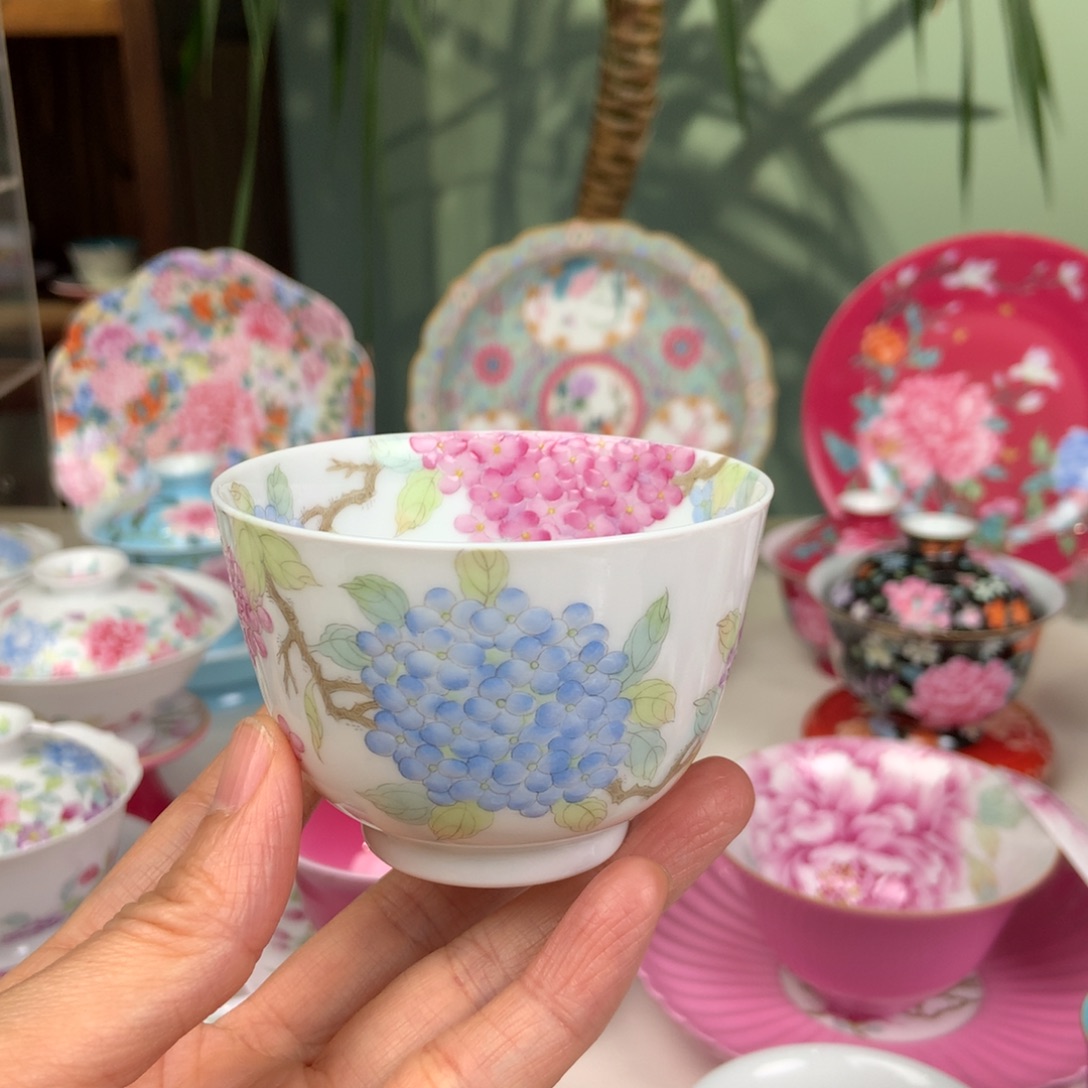 冷***壳陶手工手绘绣球花直口杯