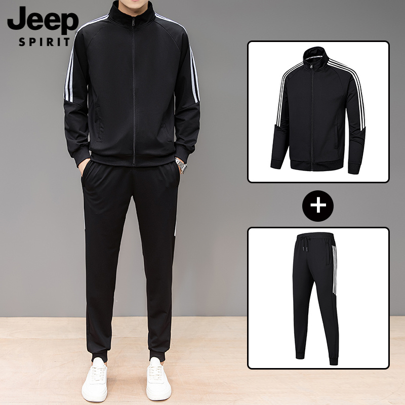 JEEPSPIRIT吉普三条杠运动套装男春秋季新款卫衣长裤外套夹克套装
