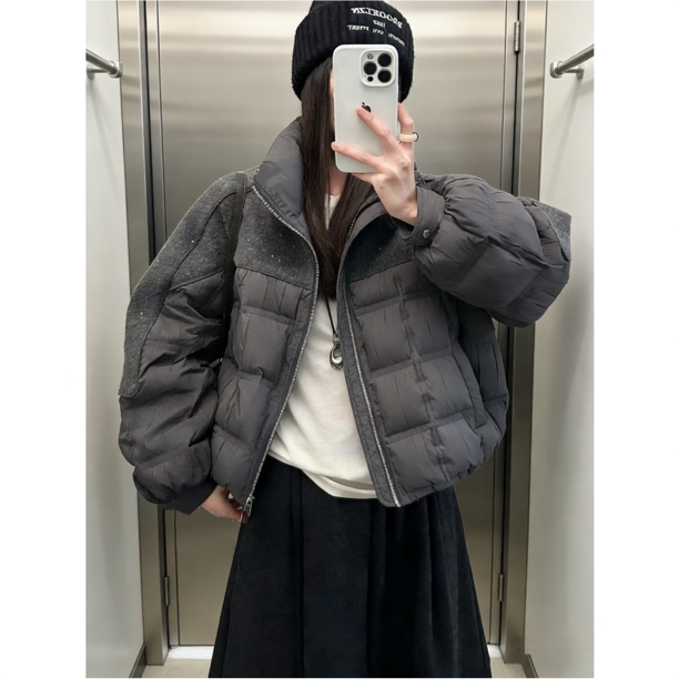 韩版爆闪星空冬季立领毛呢拼接加厚短款外套女