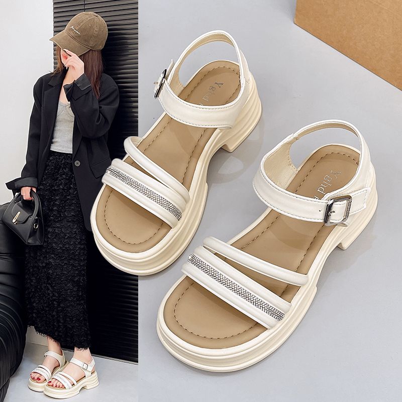 法式厚底罗马凉鞋女2025新款夏季水钻高级感增高配裙沙滩鞋