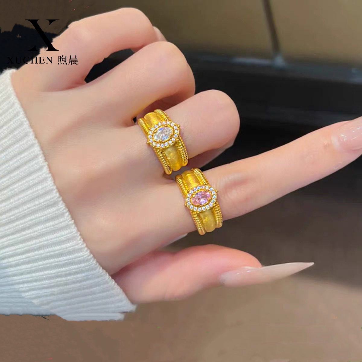 铜合金合成锆石戒指 XUCHEN/煦晨【法式鸽子蛋】重工高级感轻奢戒指