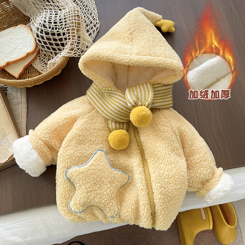 (三层加厚)冬新款韩版星星人颗粒羊绒1~6岁男女童装加绒加厚外套