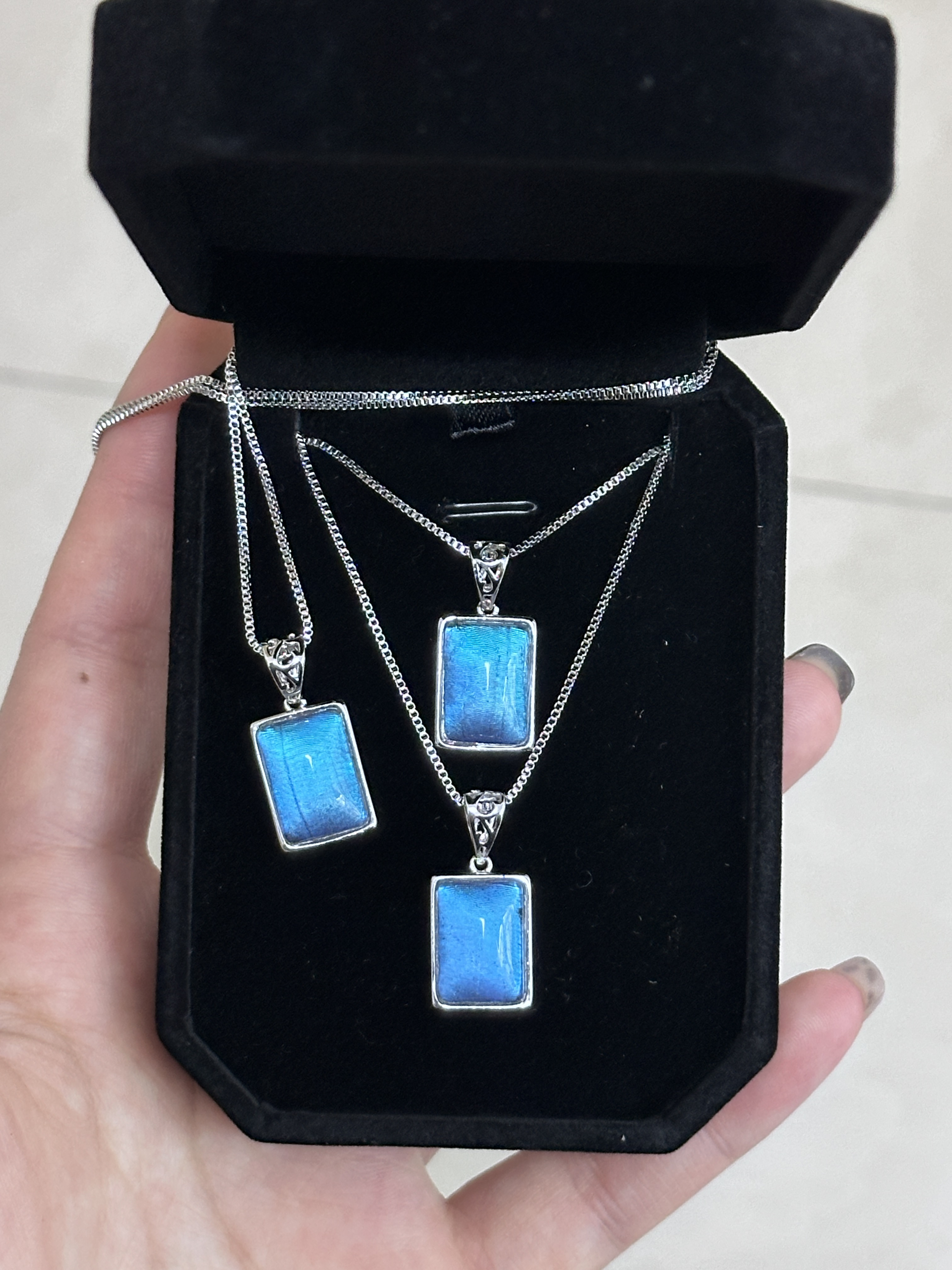 大蓝闪蝶银饰小方托吊坠昱珀工艺首饰