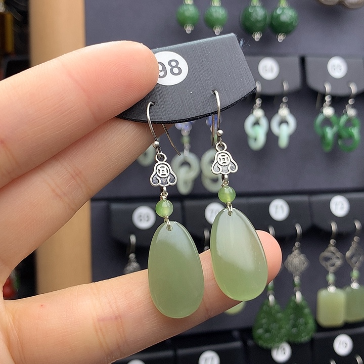 和田玉耳饰银S925镶嵌