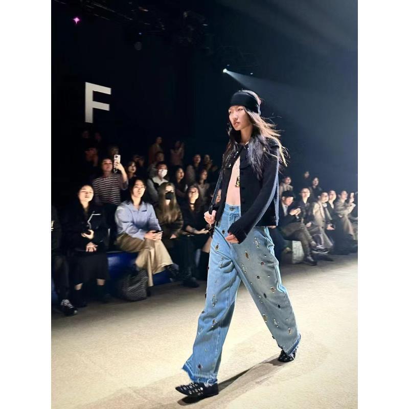 ZZ休闲风阔腿裤牛仔裤冬季重工设计师长裤学院风厚款X155