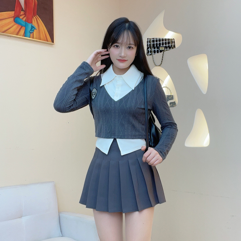 学院风时尚长袖衬衣假两件显瘦衬衫针织秋季上衣