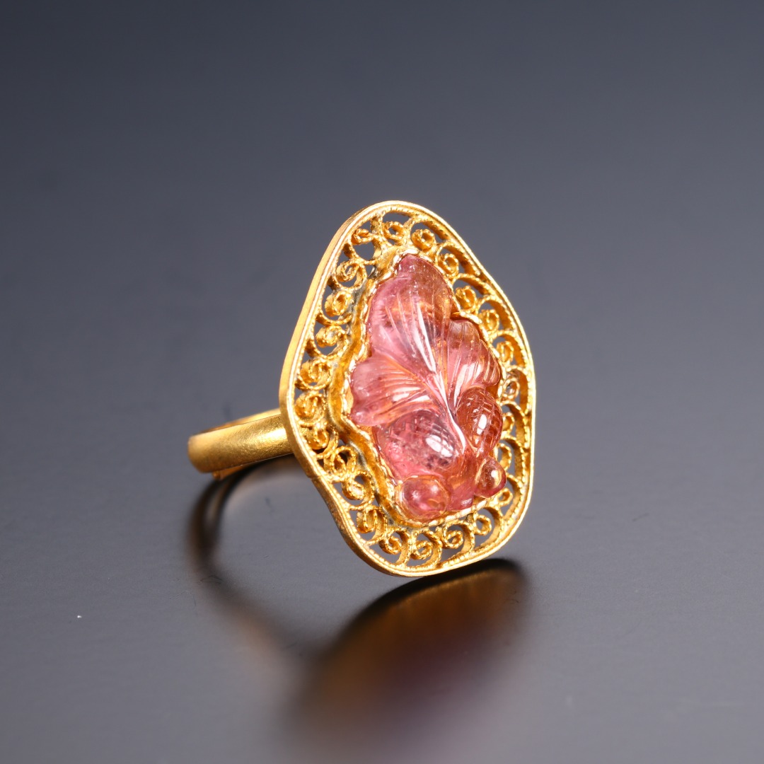 《博古文物》-银鎏金-嵌碧玺戒指-Xx-250115