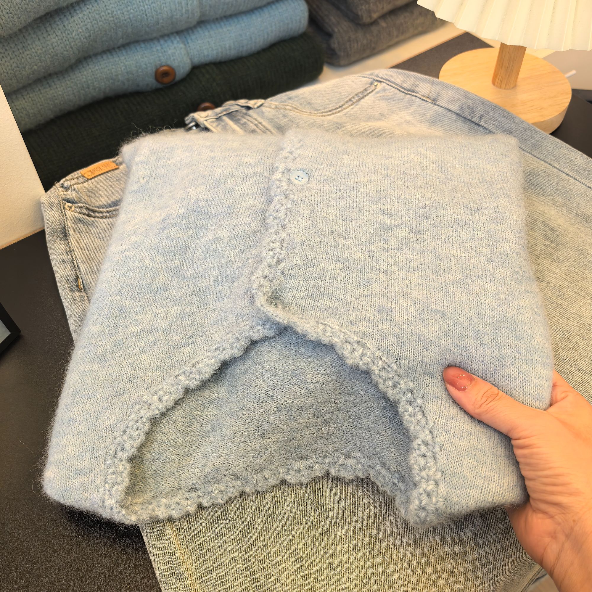 【花卷蓝开衫】雾霾蓝经典花花卷卷针织花边领开衫女