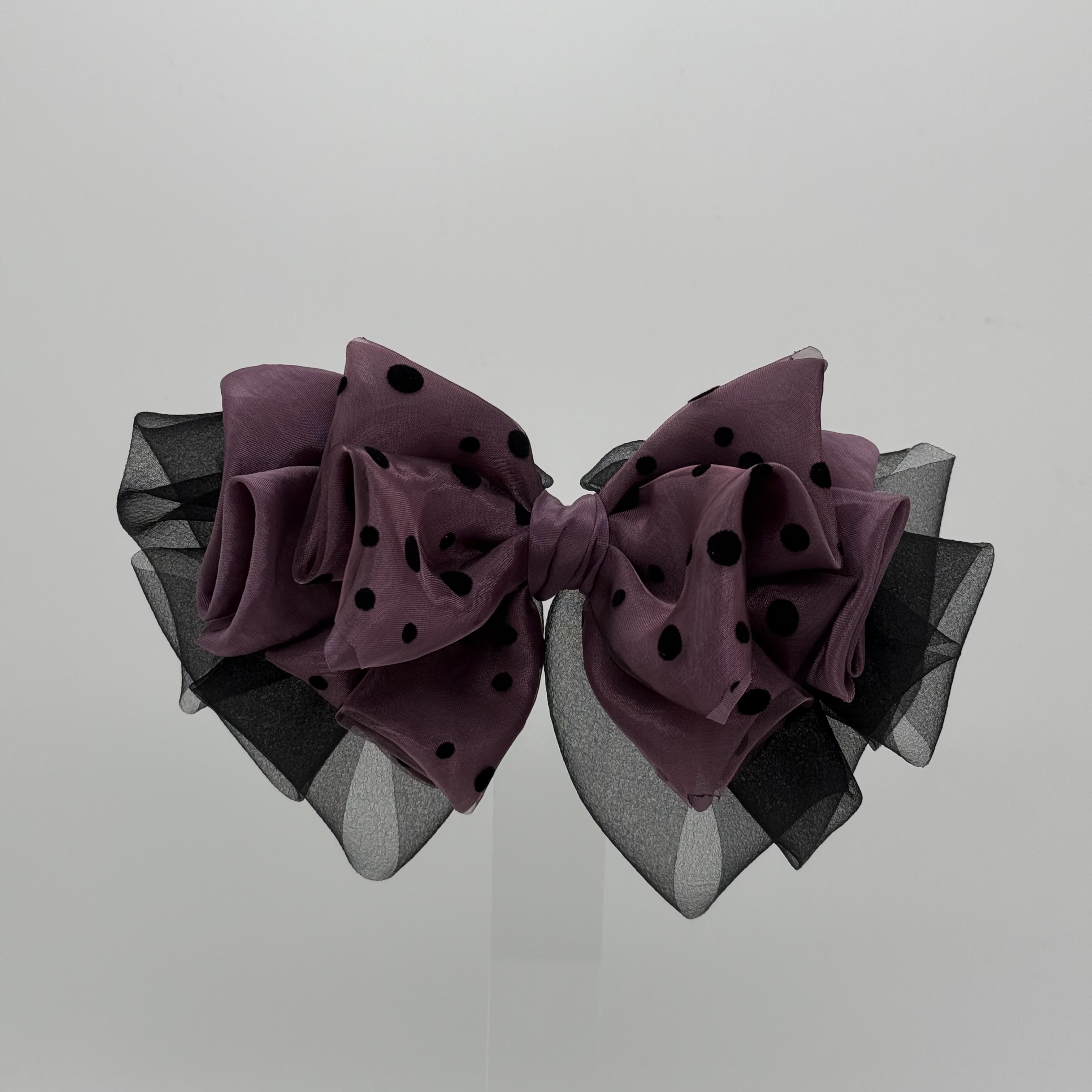 GREBUTY 6056 气质百搭紫色波点多层黑色纱纱蝴蝶结弹簧夹