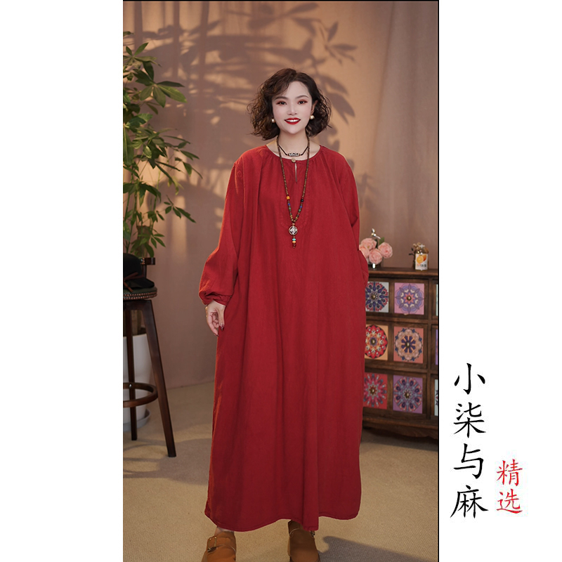 【小柒与麻】春秋季新款复古风亚麻一粒扣裙袍（衣长118胸围130）红色