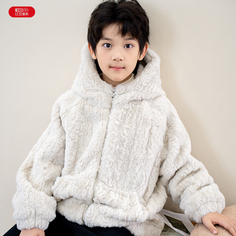 Hodo/红豆冬季加绒加厚款外穿亲子家居服套装纯色拉链连帽睡衣