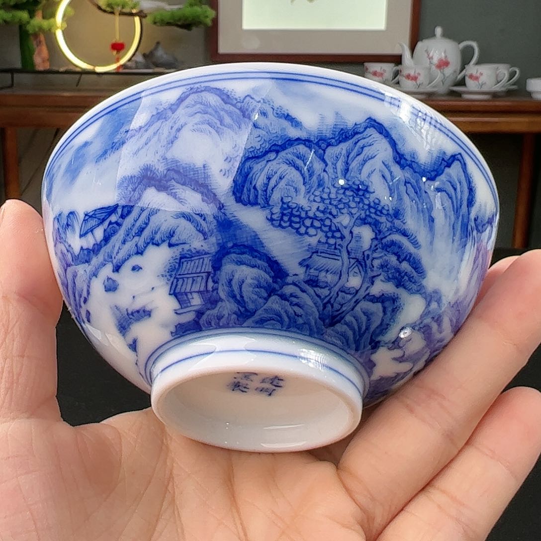 柴窑青花山水普洱杯