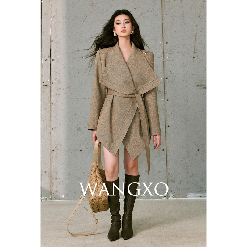 WANGXO 亮丝羊毛慵懒大翻领系带外套2531083W