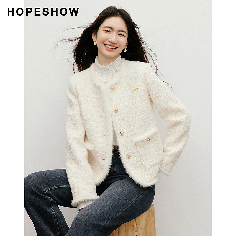 红袖2025冬季新款 香风水貂毛镶边浮雕扣正肩短外套90125380401