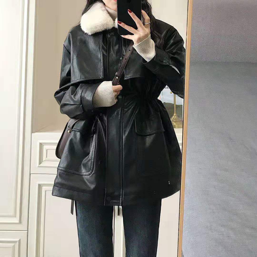 复古设计感毛领PU皮衣毛毛外套女加绒加厚宽松显瘦皮夹克上衣时尚