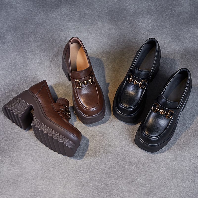 乐福鞋黑色鞋子女小个子显高软底单鞋10厘米厚底小皮鞋轻奢