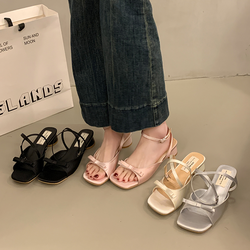 网红法式方头蝴蝶结凉鞋女夏新款高跟鞋粗跟中跟增高气质百搭凉鞋