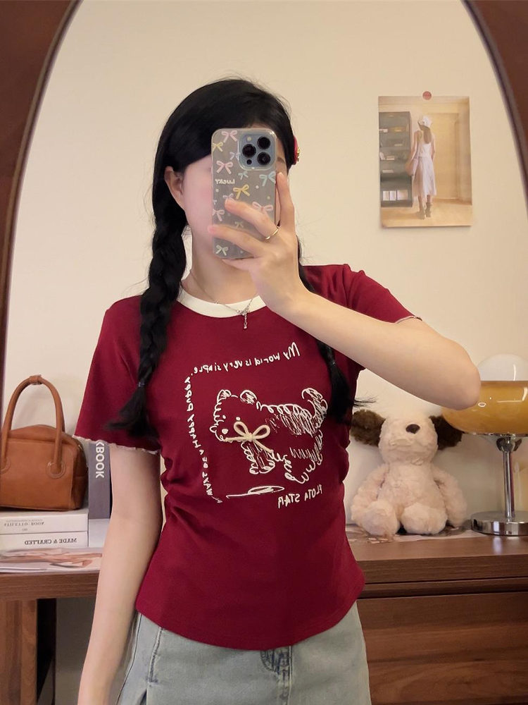 【大码】 8296夏季新款小狗印花正肩短袖女复古酒红色修身圆领上衣