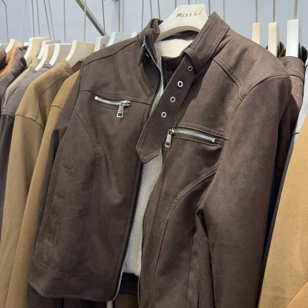 阿娟复古鹿皮绒短外套女秋季新款小个子机车夹克韩版时尚立领上衣