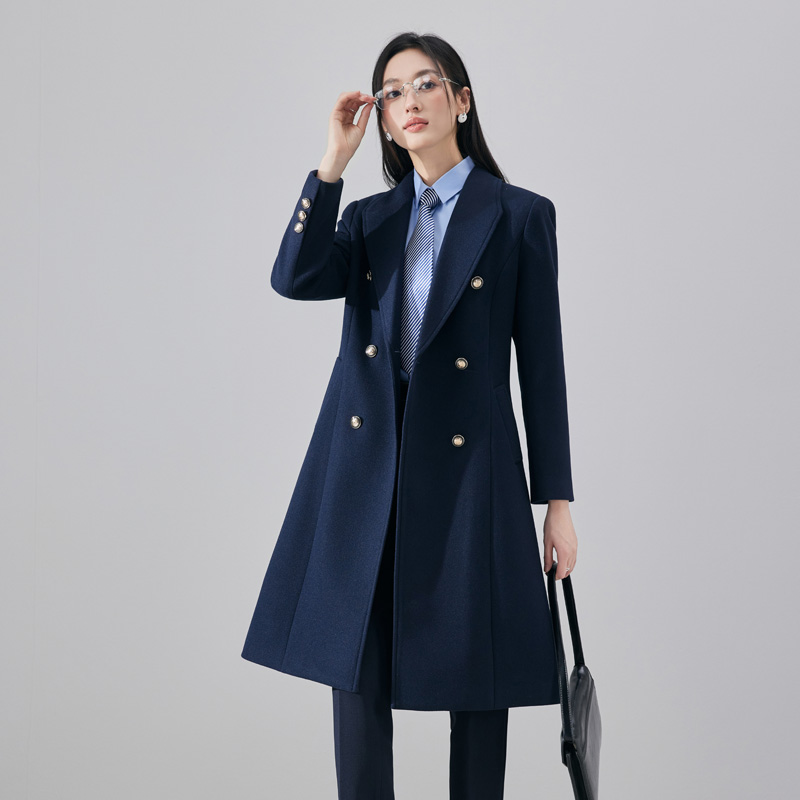 藏蓝色毛呢大衣女秋冬季新款加厚防风保暖高级感双排扣中长款大衣