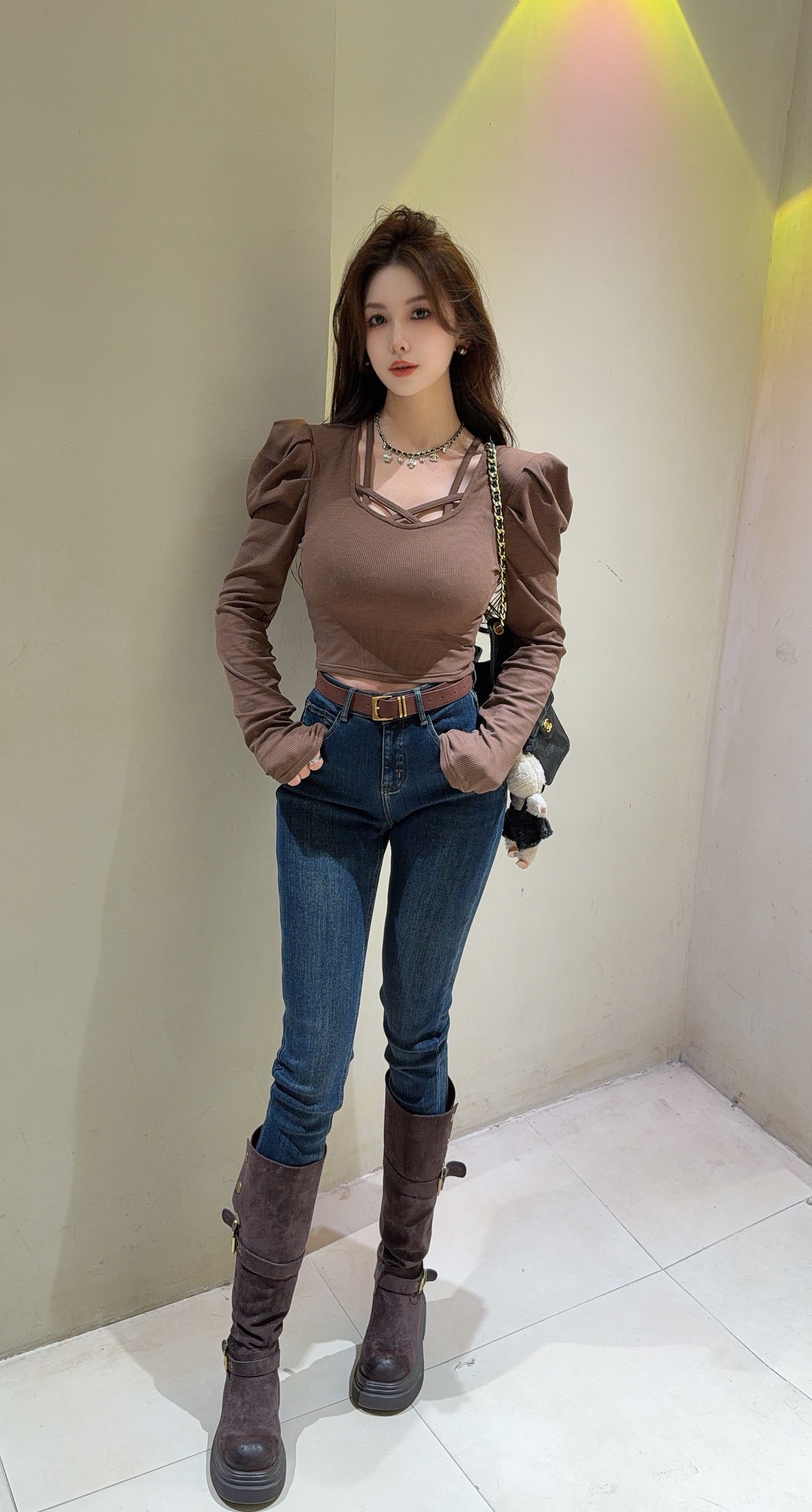 程北北 【纯欲蕾丝】重工黑色纽扣毛衣/腰带小脚裤