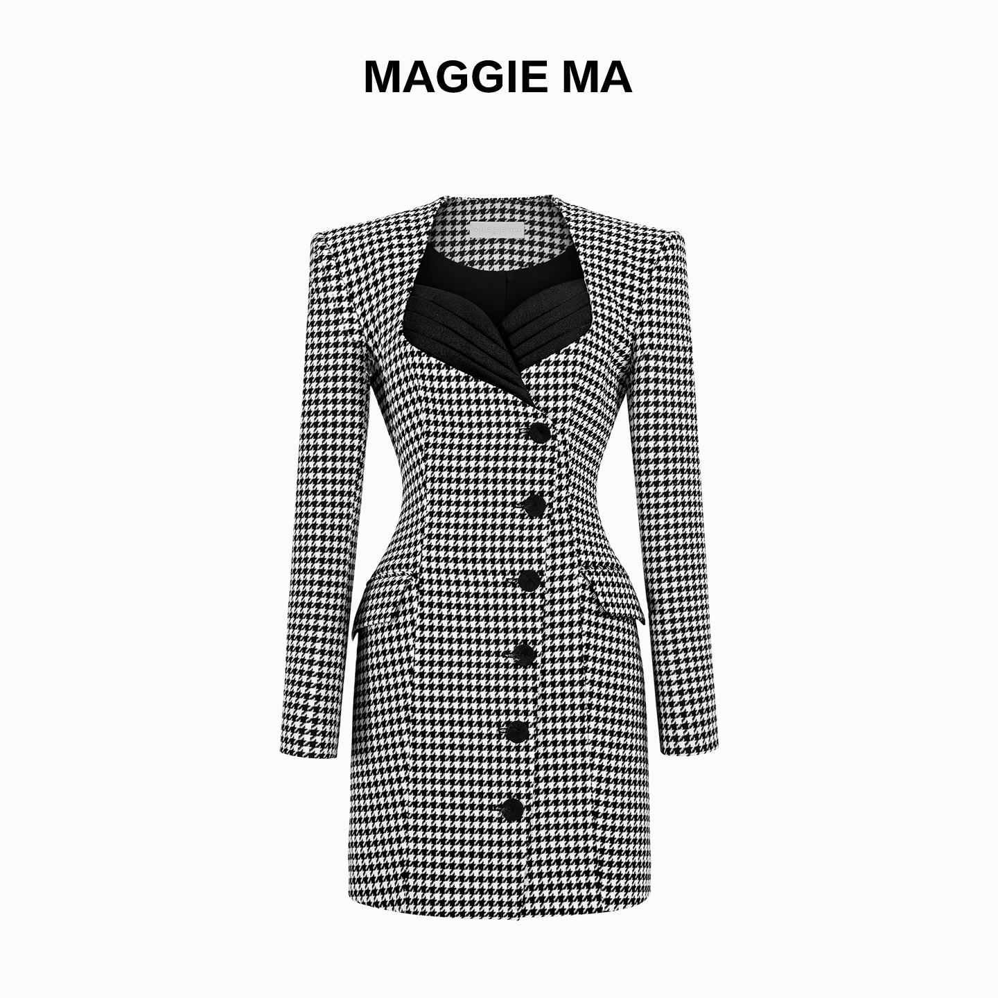 MAGGIE MA马婧设计师款复古黑白撞色千鸟格气质显瘦连衣裙535D