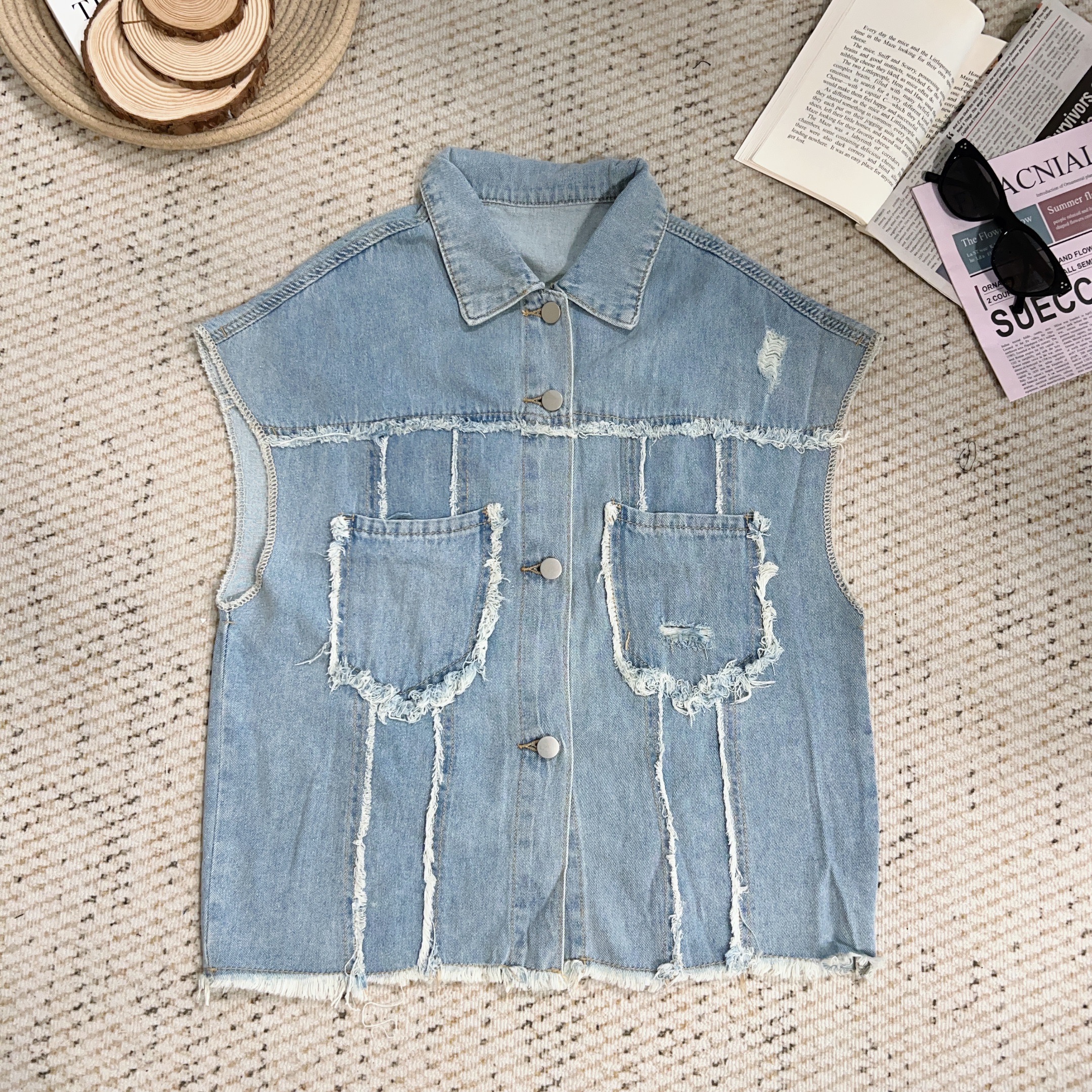 2025夏季新款纯色休闲百搭宽松牛仔马甲外套4187