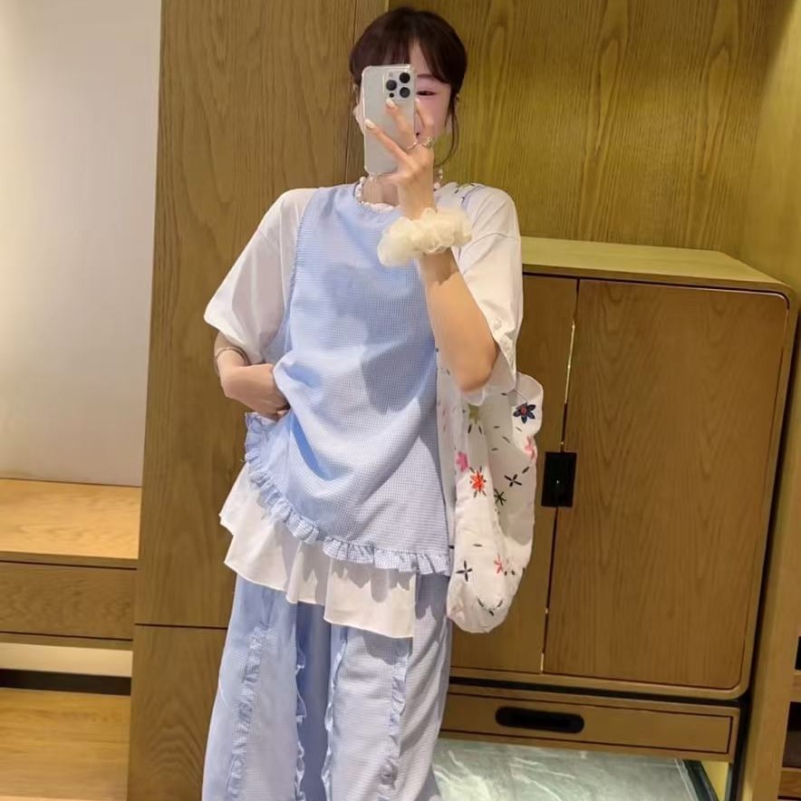 2025-9028女装格纹松紧腰木耳边直筒裤舒适设计时尚百搭夏季新款