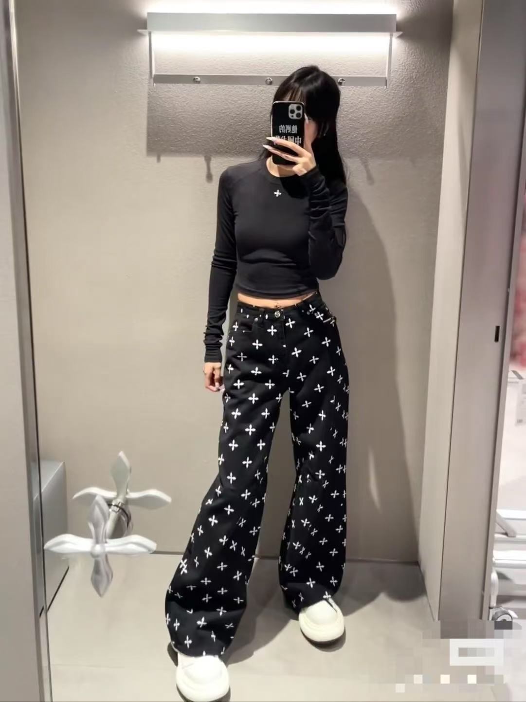 黑花园满印十字花牛仔裤阔腿直筒裤