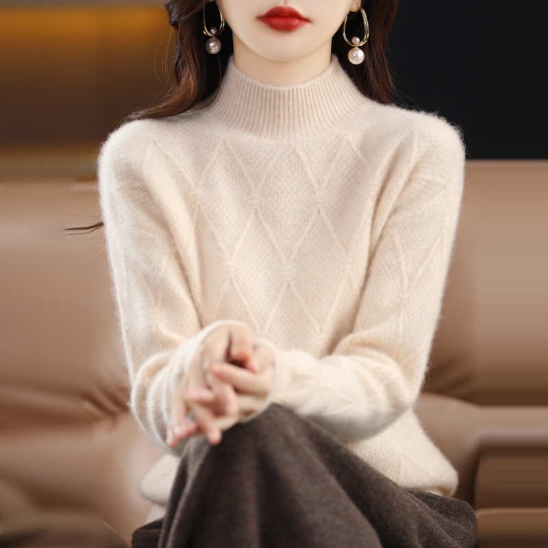 【重磅加厚】半高领羊绒衫100纯羊绒女2025秋冬菱形打底衫针织毛衣