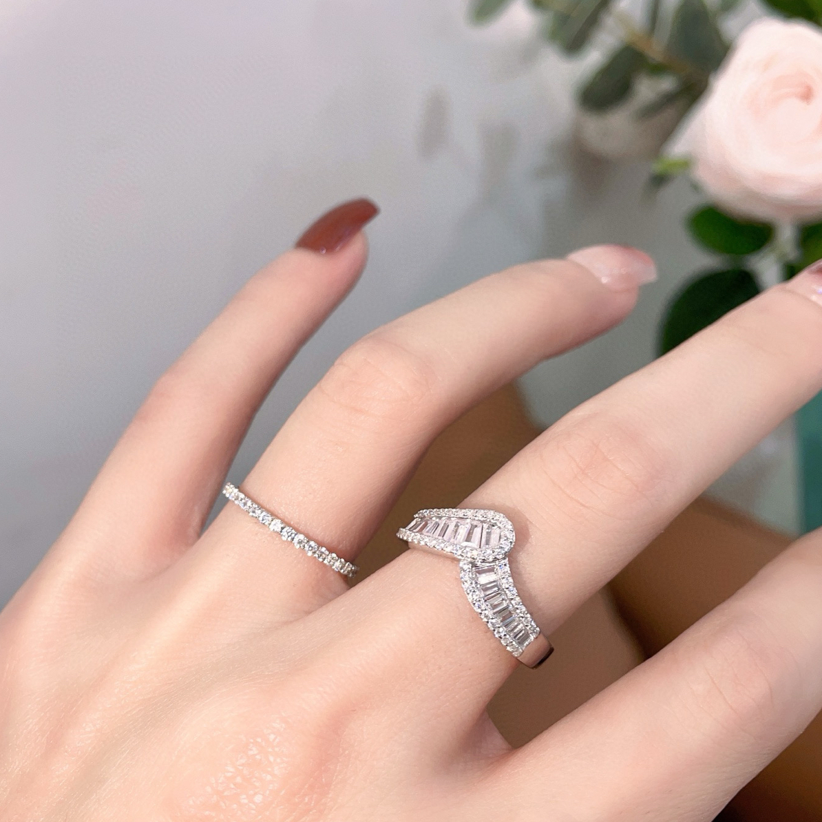 925银戒指 S925银珠宝设计美人尖方钻戒指女网红款不掉色高级感