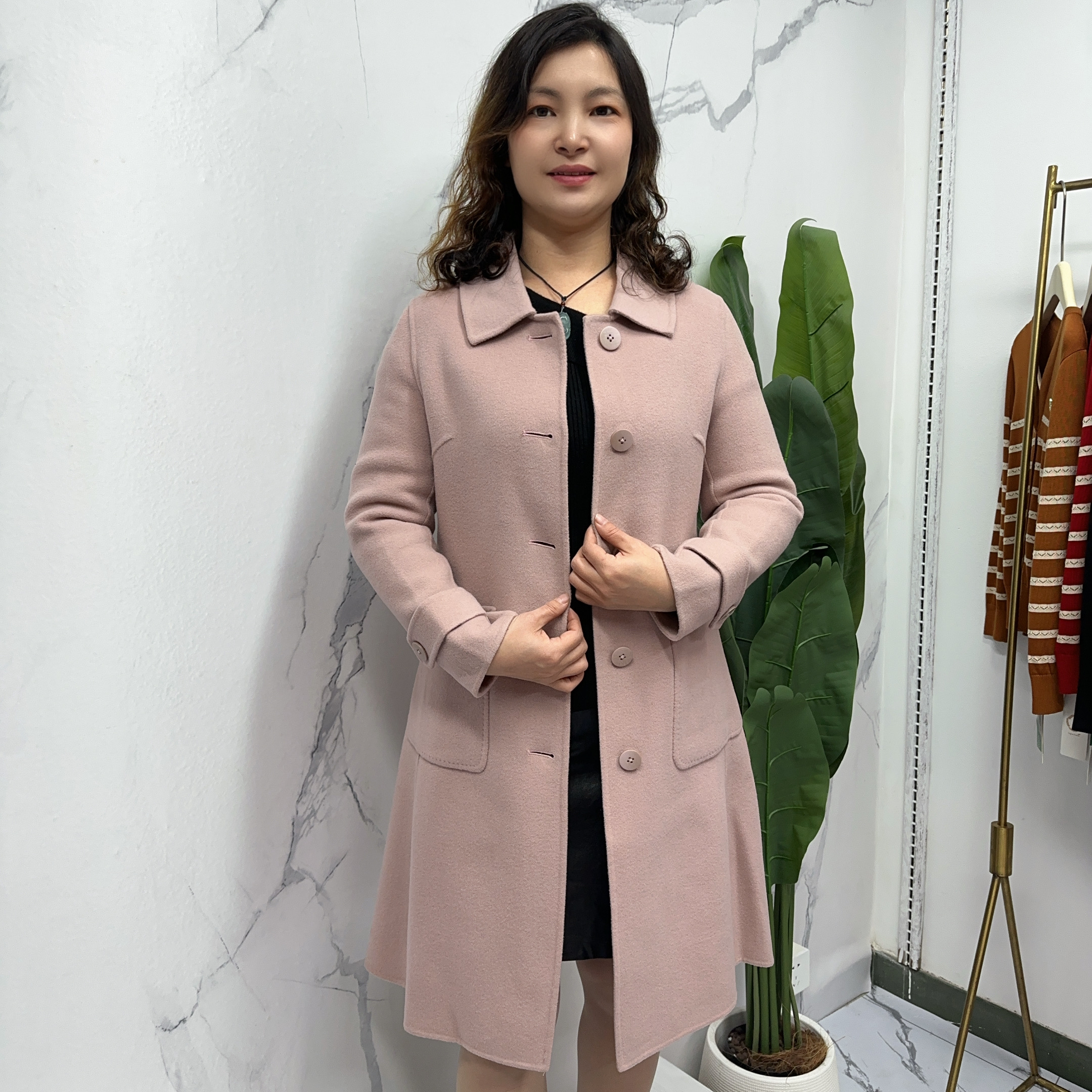 高品质大牌中长款外套99909双面毛呢百搭女士