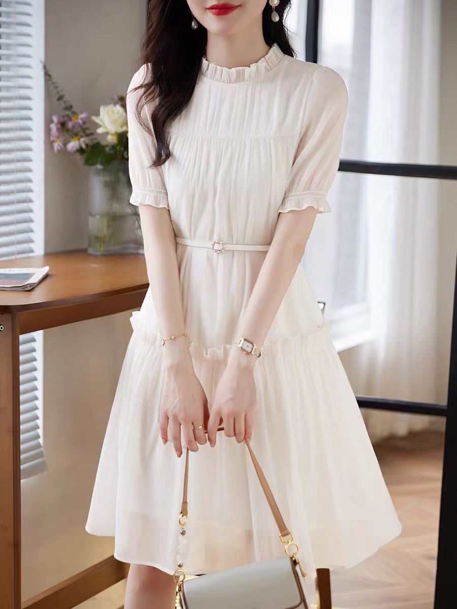 W134#法式优雅雪纺短袖连衣裙女春夏新款娃娃裙高腰中长裙（约89）