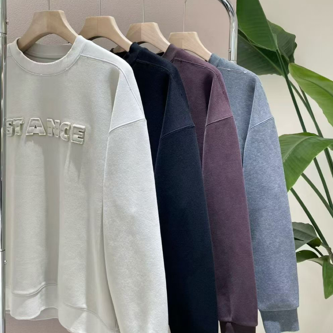 男士秋冬加绒贴布绣字母假两件拼接设计宽松休闲圆领长袖卫衣