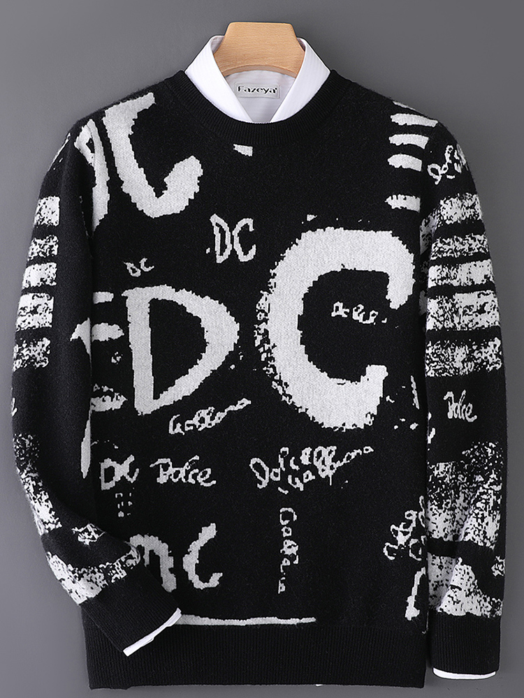 冬季新款字母图案羊毛衫男时尚都市青年圆领加厚100纯羊毛毛衣