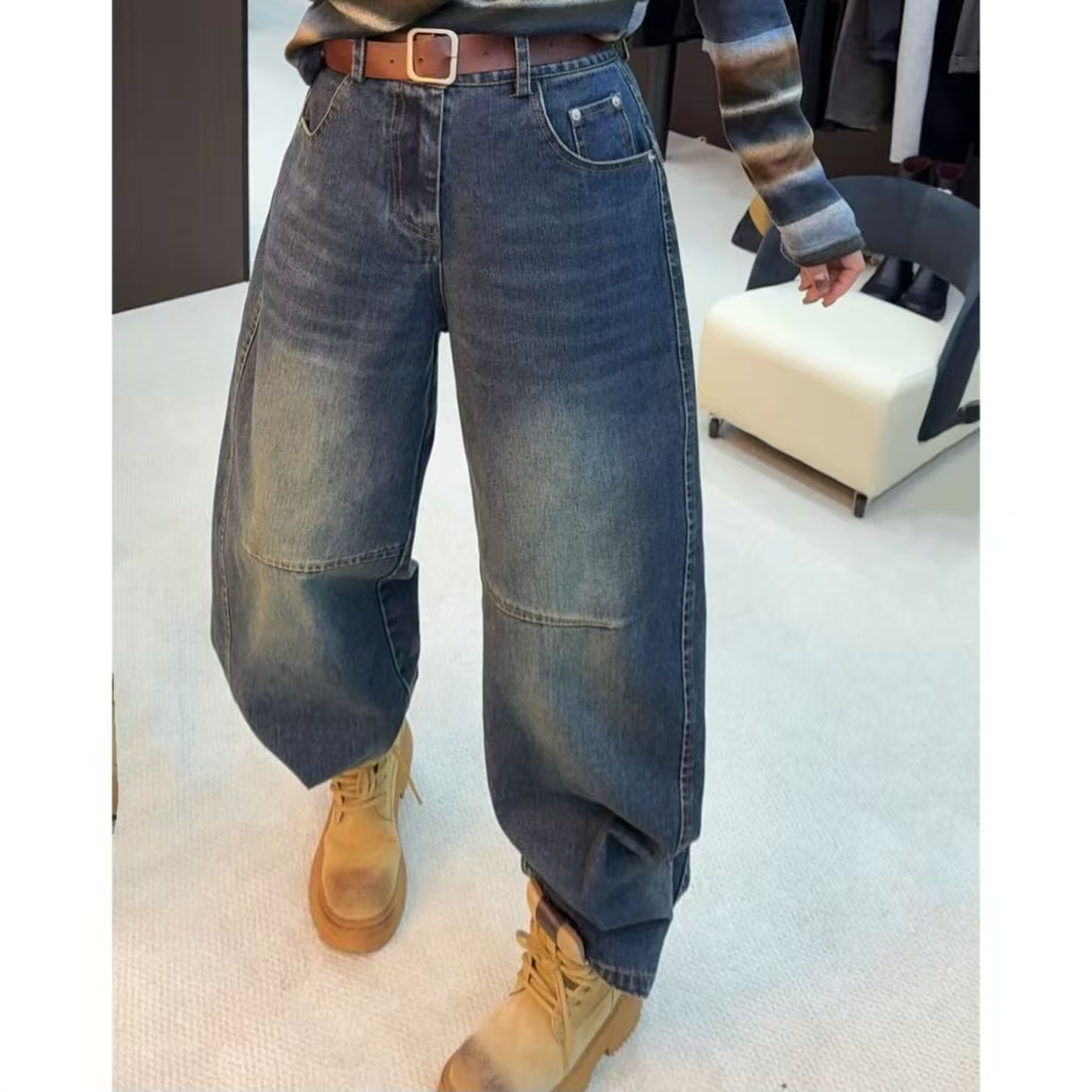 自创蟹钳版底边带扣小个子牛仔裤