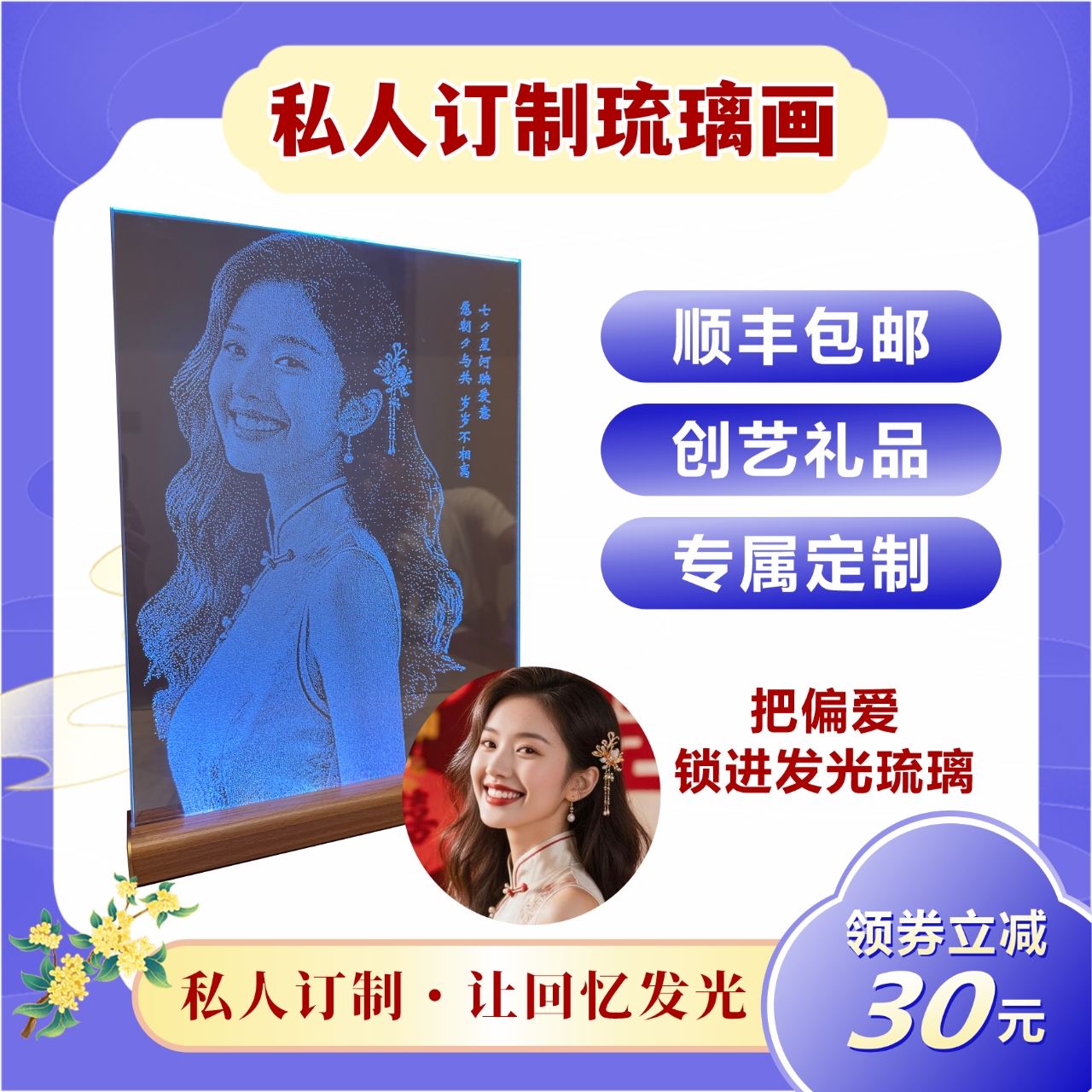 玻璃画私人定制送女朋友亲人朋友长辈高礼盒+七彩氛围灯底座+刻字