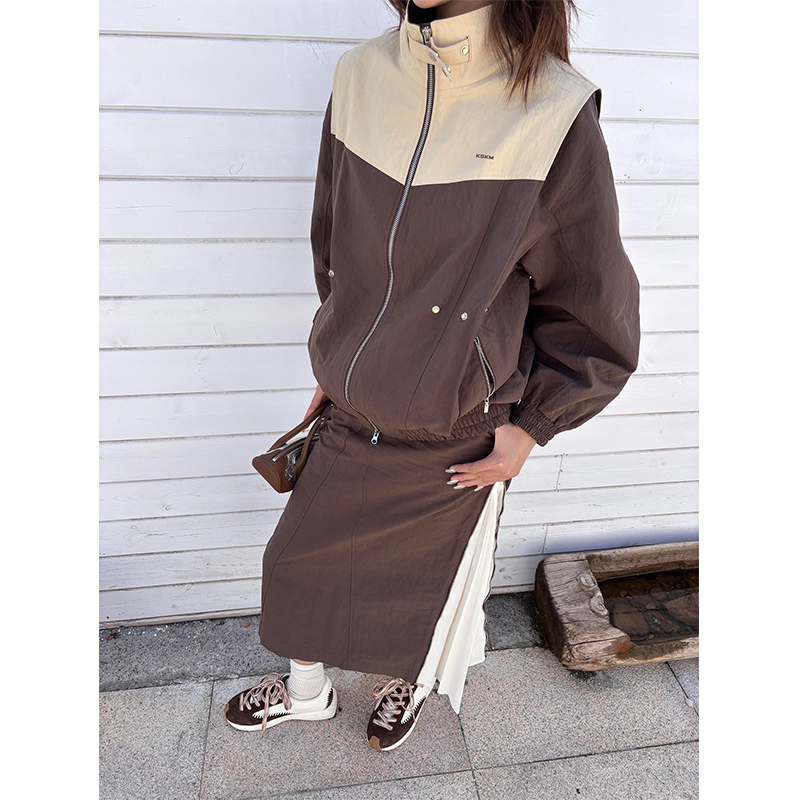 KSKM红棕色工装外套女2025早秋新款美式撞色收腰高级感宽松夹克男
