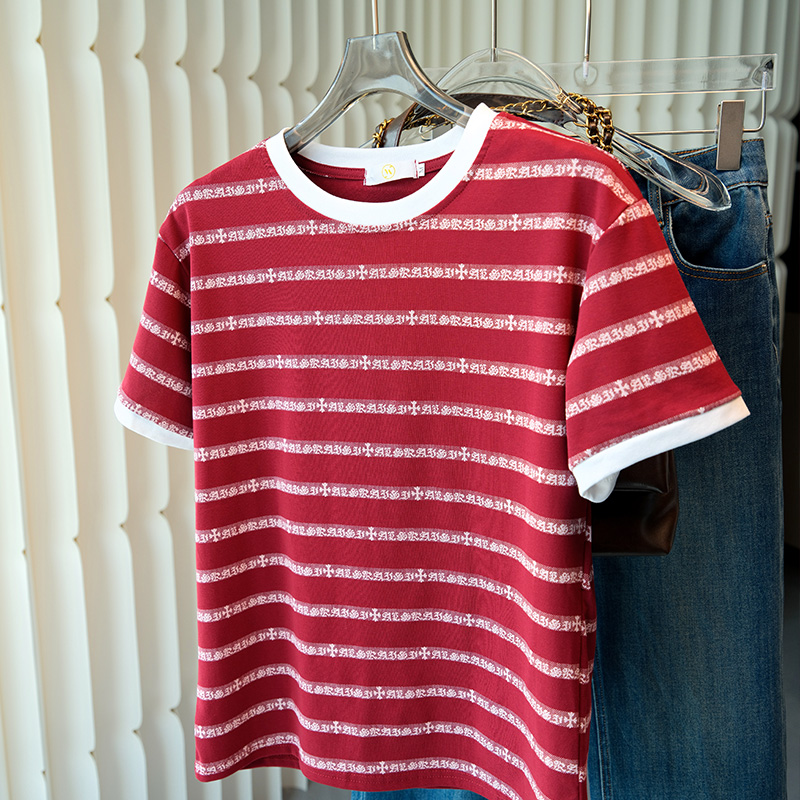 条纹撞色正肩纯棉短袖t恤女2025夏季新款设计感小众复古休闲上衣