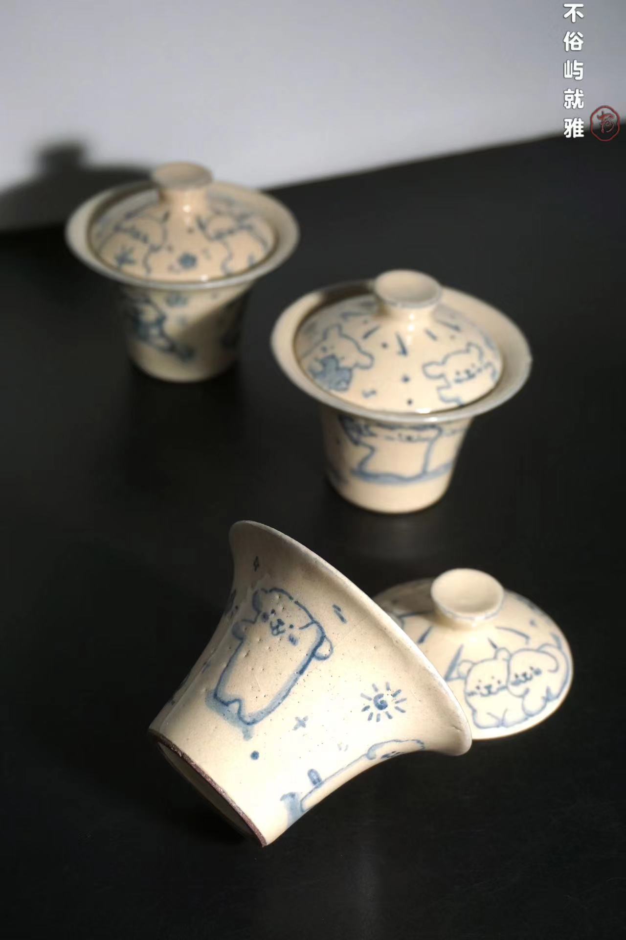 【不俗屿就雅】柯柯茶器 开大片线条小狗马蹄盖碗功夫茶茶具