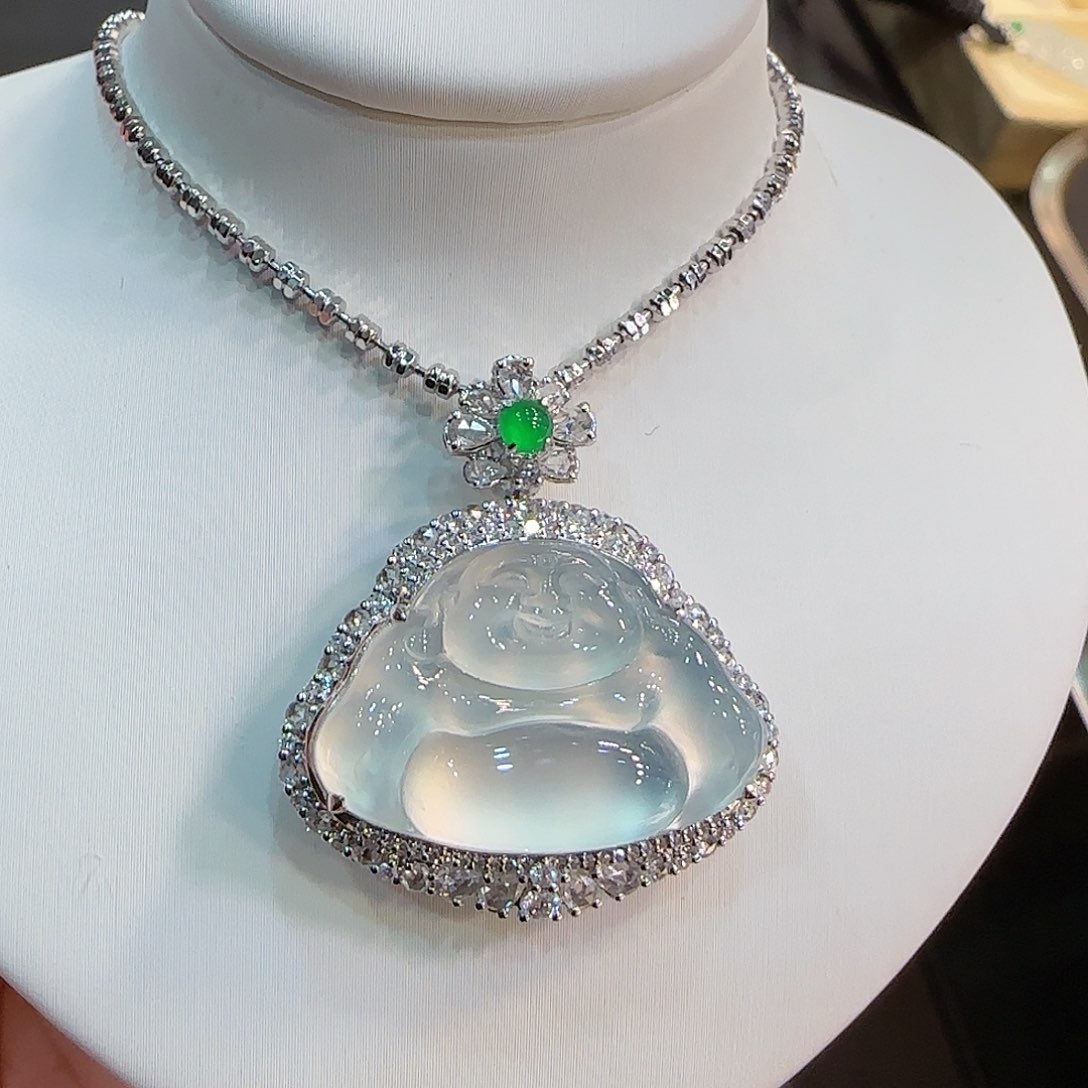 翡翠吊坠(不含链)18K金镶嵌佛公