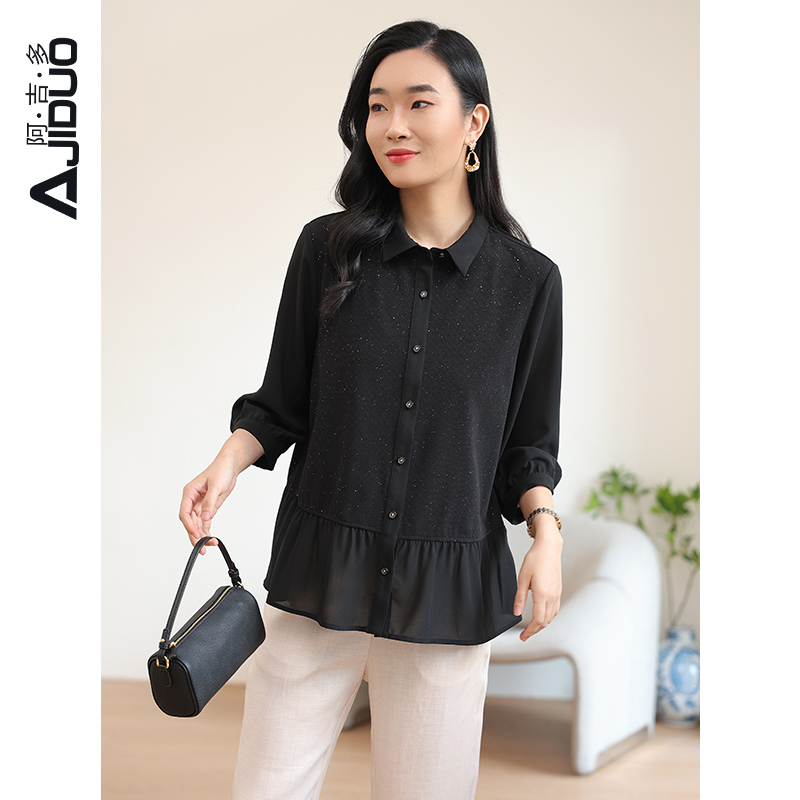 阿吉多九分袖黑色衬衫女2025春季新款气质高级感星空拼接小衫上衣