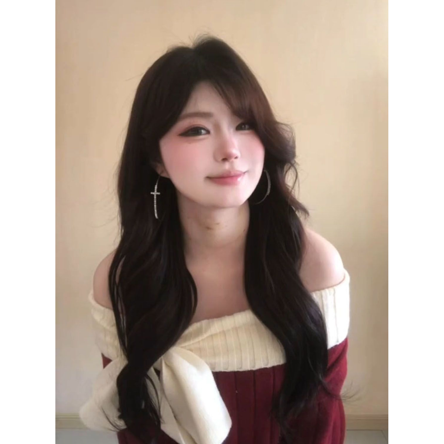 韩版甜美风新年红色蝴蝶结一字领针织包臀裙女秋冬圣诞氛围感毛衣